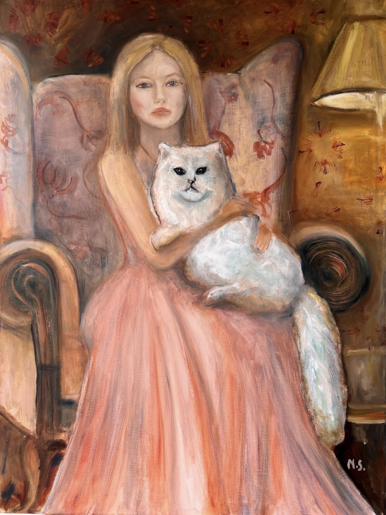 Girl and Solomon the Cat by Marina Stognieva, original oil painting on canvas, 60 × 80 cm